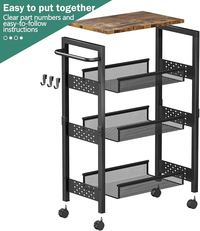 Vivihomety 4-Tier Laundry Utility Rolling Cart with Wheels, Kitchen & Bath | Narrow 8.1" wide, lockable wheels, wood top panel, metal frame, for laundry room, small spaces, pantry, tight gaps, Black