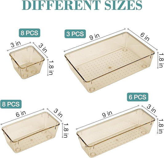 StorMiracle 25 PCS Drawer Organizer Set, 5 Varied Size Bathroom and kitchen Drawer cabinet organizer Trays, Clear Storage Bins for Makeup, Jewelry, Utensils and Gadgets, Champagne