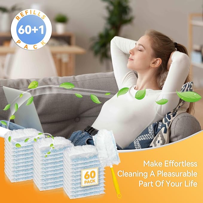 60 Pack Dusters Refills Compatible with Swiffer Duster Handle Models, 180° | One Sided Duster Refills for Short and Extendable Handles, Desktop Dust Cleaning Tool, Dusters Handle Refills, 1 Pack Handle