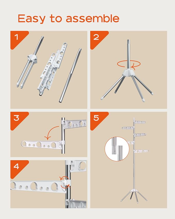 CASAMAYA Clothes Drying Rack Foldable, 70.9 inch Tripod Drying Rack for 35 Pieces of Clothes, with Height-Adjustable Rotatable Clothes Rails, Space Saving, Stainless Steel, White and Silver CDR005W01