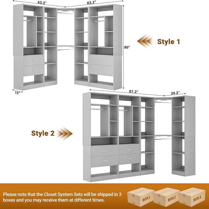 Besiost Large Corner Closet System with 3 Sets, 87.2" Closet Organizer System with 4 Drawers & 4 Hanging Rods, Reversible L Shaped Walk-in Closets, Load 2000+LBS, Grey (87.2" L x 39.2" W x 80" H)