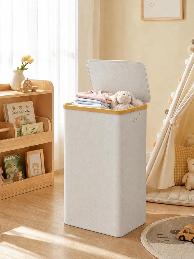 IEGrow Laundry Hamper with Lid,110L Laundry Basket with Bag,Light Grey | Dirty Clothes Hamper Basket with Bamboo Handle for Clothes Towels Organization