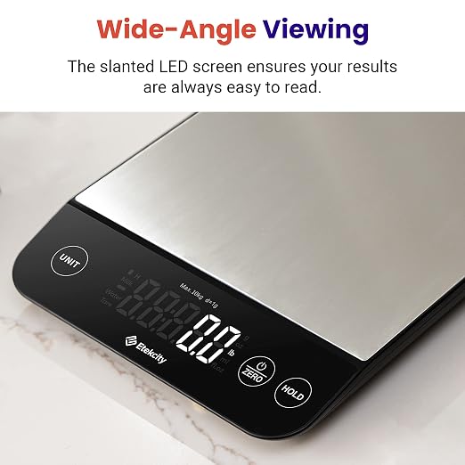 Etekcity 22lb Food Kitchen Scale, USB Rechargeable, IPX6 Waterproof | Digital scale with grams & ounces, 1g precision, 5 weight units, tare, ideal for baking, meal prep, Stainless Steel, Silver