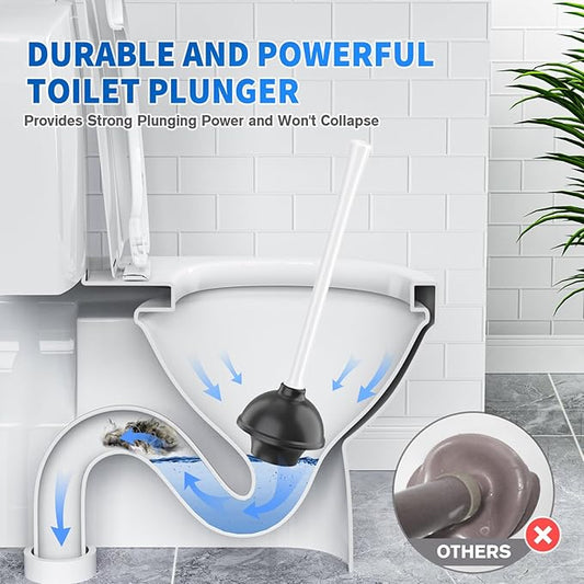Toilet Plunger and Brush, Silicone Bowl Brush and Heavy Duty Toilet Plunger Set with Ventilated Holder, 2-in-1 Toilet Brush and Plunger Combo for 5.3-inch Bathroom Cleaning (White, 1 Set)