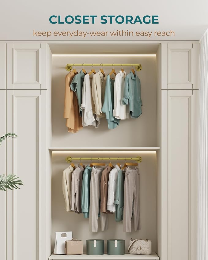 OROPY 38.4" Industrial Pipe Clothes Rack Wall Mounted, Heavy Duty, 2 Pack | Heavy Duty Iron Pipe Clothing Garment Rail, Multi-Purpose Clothing Hanging Rod for Laundry Room and Closet Storage, Gold