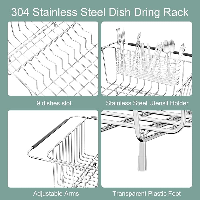 JAQ Over Sink Dish Drying Rack for Medium to Large Sink, Expandable 15.08"–22.4", Adjustable 304 Stainless Steel Dish Drainer with Utensil Holder, Large Capacity Holds Up to 13 Plates