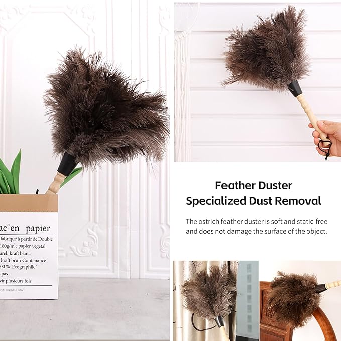 Ostrich Feather Duster 14 inch Fluffy Natural Genuine Ostrich Feathers with Wooden Handle and Eco-Friendly Reusable Handheld Ostrich Feather Duster for Cleaning Supplies(5PCS)