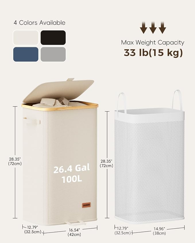 100L Laundry Hamper with Lid, Large Hamper for Clothes, Off White | Elegant bamboo appearance, Foot Loop, Removable Bag Easy to Lift and Carry, Bathroom, Bedroom, Laundry Room, Dorm