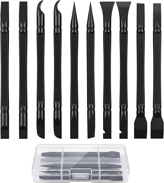 10Pcs Plastic Scraper Tools with Storage Case, Car Detailing Tools Kit, Multi-Purpose Cleaning Sticks for Tight Gaps, Removing Stickers, Labels, Grease & Dirt, Black
