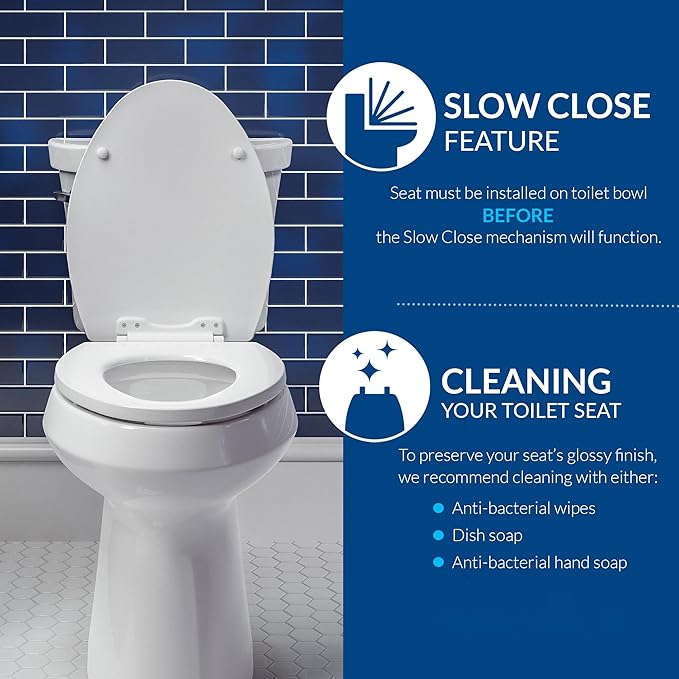 Mayfair Universal Size Slow Close Toilet Seat, Durable Plastic, Fits Round & Elongated Toilets, White