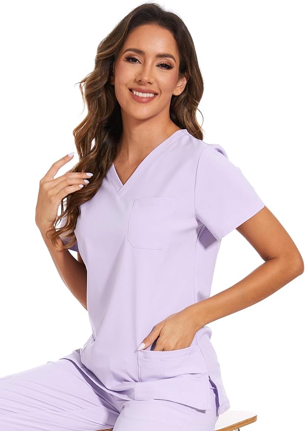 Scrubs Tops for Woman - Soft Stretch, V-Neck Tops | 3 Pockets, Side Split Design, Short Sleeve, Breathable & Lightweight Nursing Shirt, Easy-Care Fabric for All-Day Comfort