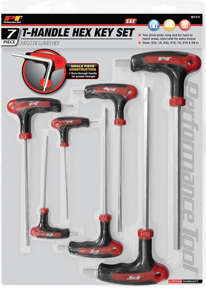 Performance Tool W1711 7-Piece SAE T-Handle Hex Key Set | Through-handle hex wrenches with non-slip molded grips. Dual drive ends. SAE sizes 3/32 to 3/8 inch