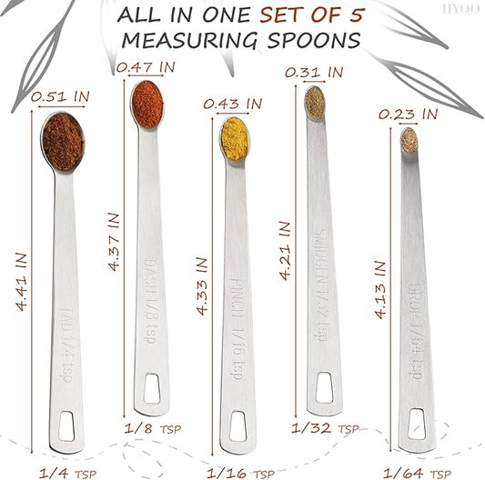 5 Pcs Mini Measuring Spoons Set - Stackable Design, 1/4, 1/8, 1/16, 1/32, 1/64 TSP Sizes, Flat Handle Metal Measuring Spoons Made of Durable Stainless Steel for Cooking, Baking & Small Kitchen Tasks