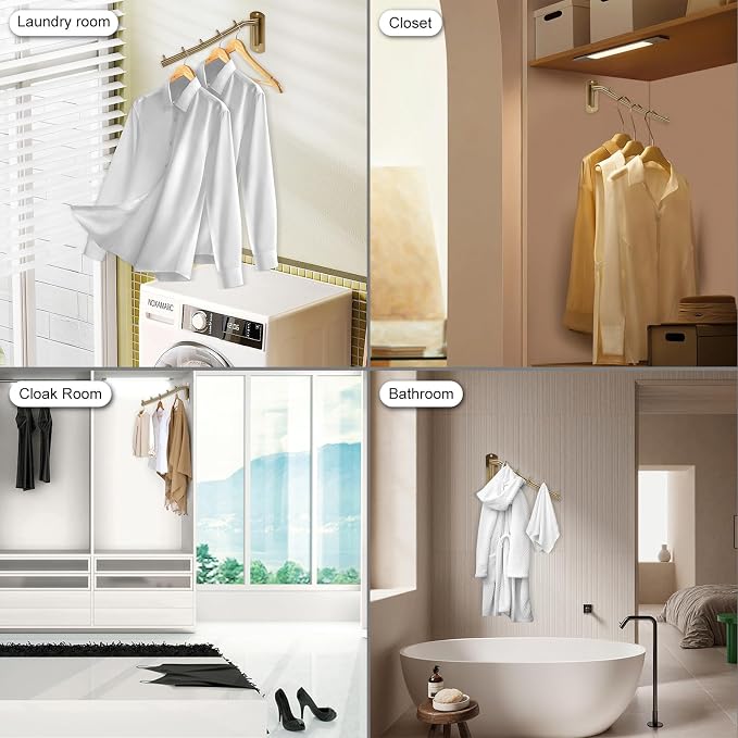Sumnacon Stainless 2 Pcs Steel Clothes Hanger Rack-Wall Mount Garment Hook with Swing Arm, Sturdy Coat Robe Storage Organizer for Laundry Room Bedrooms Clothing Drying Rack with 5 Hooks, Gold