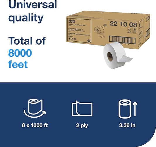 Tork Jumbo Toilet Paper Roll White T22, Universal, 2 ply, 8x1000', 221008