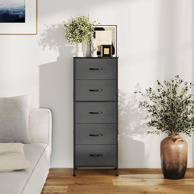 Sweetcrispy 5 Storage Drawer Bedroom Dresser, Tall Dresser for Organizer | Chest of 5 Drawers for Home Storage, Narrow Nightstand, Durable Clothes Oragnizer, Sturdy Frame and Wooden Top, Gray