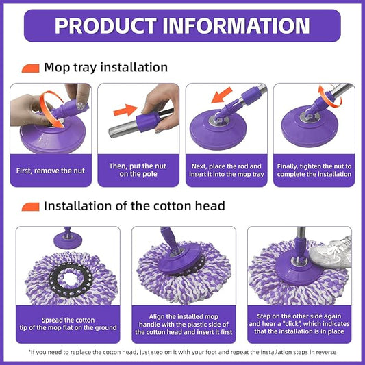 Spin Mop Replacement Handle, 47.6-inch 360 Degrees Rotating Telescopic Replacement Mop Stick with Robust Reinforced Plastic Disc for Spin Mop Bucket Cleaning System (Plastic Disc,Purple)