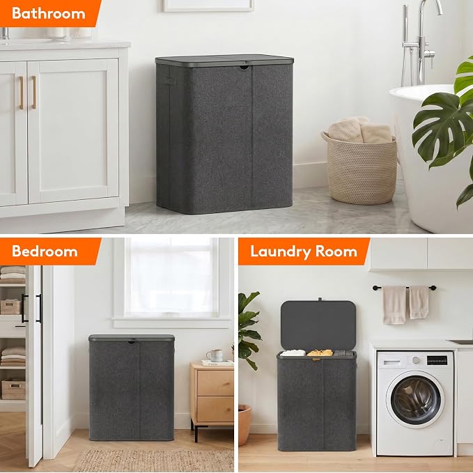 Lifewit 165L 3 Section Laundry Hamper with Lid, Large Laundry Basket with Handles and Removable Bags, Tall Clothes Hamper, Foldable Laundry Sorter for Bedroom Bathroom, Dark Gray