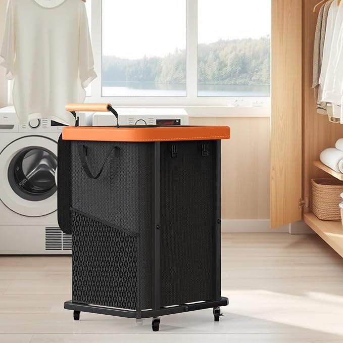 Laundry Hamper with Lid,Leather Patchwork Laundry Basket with Wheels 40Gal | Rolling Laundry Basket with Bag & Handles,Laundry Basket Organizer for Laundry Room,and Bathroom,Laundry Room - Black