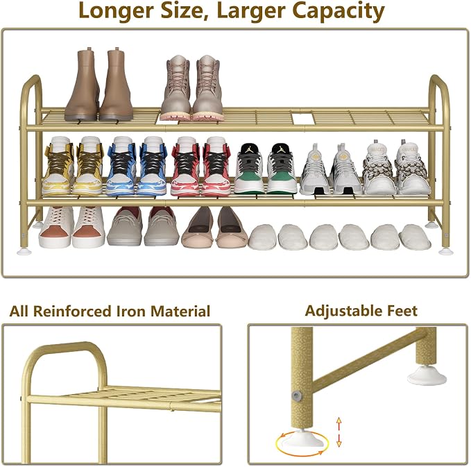 LINZINAR 2 Tier Long Shoe Rack for Closet Metal Shoe Organizer for Entryway | Spacious design stores 15+ pairs of shoes,durable metal frame,space-saving organizer for closet, hallway, and Entryway Gold