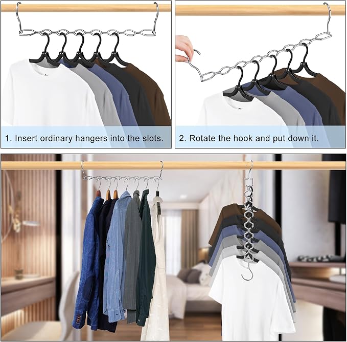 Space Saving Hangers for Clothes 6 Pack Sturdy Metal Hangers Heavy Duty | Magic Clothes Space Saver Hanger Organizer with 360° Swivel Hook, Closet Organizers and Storage Dorm Room Essentials Silver