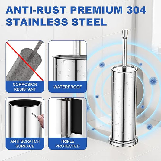 Toilet Brush and Holder Set:304 Stainless Steel Heavy Duty Toilet Bowl Brush,Removable Inner Bowl and Splash Protection,Bathroom Toilet Brush-Dense Bristles for Through Cleaning