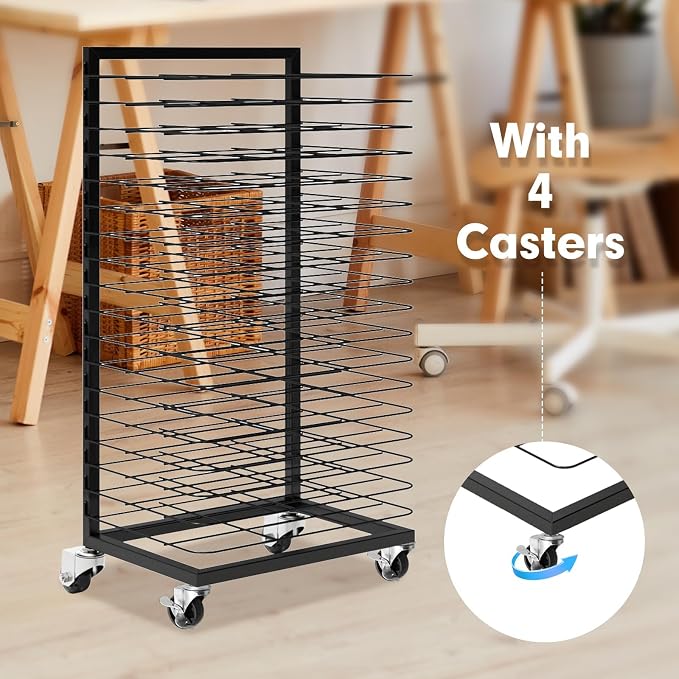 Art Drying Rack with 18 Removable Shelves,Art Drying Rack for Classroom with Locking Wheels,Art Canvas Storage Rack for Classrooms & Art Studios, Black