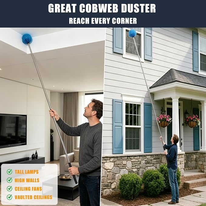 Lightweight Cobweb Duster with Extension Pole – 8FT Long Reach Brush Kit, Washable Head for Ceiling Fan, Spider Webs, Dust – Cleans Up to 15FT, for Furniture, Eaves, Vents, Roof