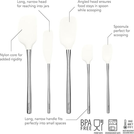 Tovolo Stainless Steel Handled Silicone Spatula Set of 5 White, Dishwasher Safe Kitchen Spatula Set for Cooking Baking, Non Toxic BPA Free Silicone Spatula set with Metal Steel Handle