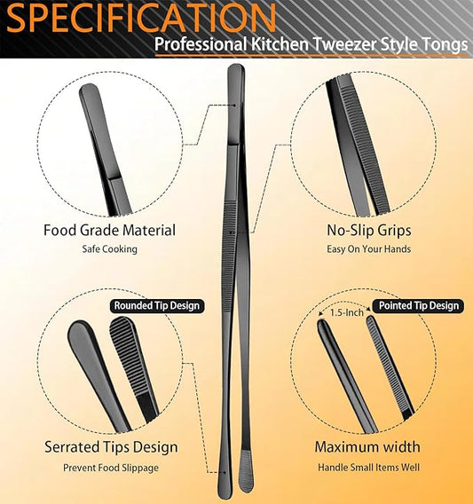 JETKONG 6 Pcs Cooking Tweezer Tongs, 12'' and 6.3" Stainless Steel Kitchen Tweezer Set, Professional Chef Tweezers for Cooking, Repairing, Sea Food, BBQ, Multi-use (Black)