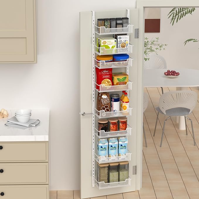 VyGrow 12.3" W Narrow Over the Door Pantry Organizer, 8-Tier Over the Door Organizer with Adjustable Basket, Pantry Door Organization for Pantry Kitchen Storage Room Spice Rack, White