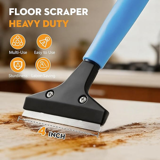 Heavy-Duty Floor Scraper with Long Handle (37''-51.5''), 4-Inch Metal Scraper Cleaning Tool, Comes with 10 Blades, Suitable for Cleaning Walls, Glass, Adhesives, Chewing Gum, and Ceilings