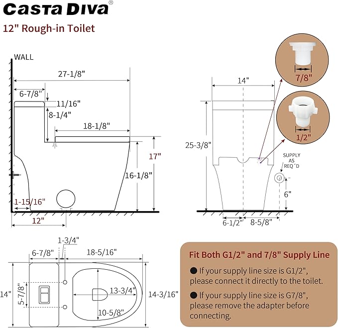 Casta Diva Elongated One Piece Toilet with 17" ADA Comfort Chair Height Seat Compact Toilet for Bathroom Dual Flush 1.1/1.6GPF, 12'' Rough-in, High Efficiency Flush, Standard White Bowl
