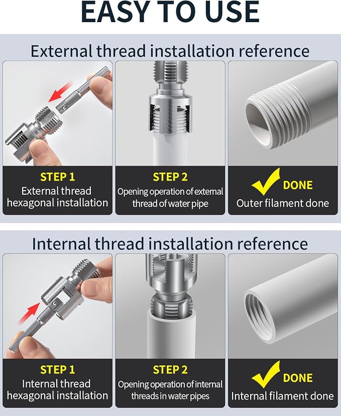 3-Piece PVC Pipe Threading Tool, 1/2, 3/4 and 1 Inch | Integrated internal and external pipe threader works with electric drills for PVC and plastic pipe repair.