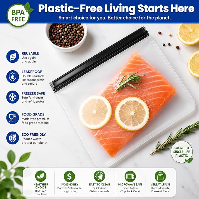 Reusable Food Storage Bags for Meal Prep, Freezer & Lunch – 18-Pack (5 Small, 8 Medium, 5 Large) Extra Thick BPA-Free Ziplock Bags – Leakproof, Dishwasher Safe, Microwave & Freezer Friendly