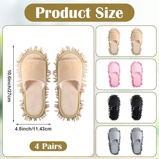 4-Pair Washable Microfiber Cleaning Mop Slippers, Unisex Dusting Slippers with Detachable Design for Effortless Floor Cleaning (Medium, Black, Beige, Pink, Gray)