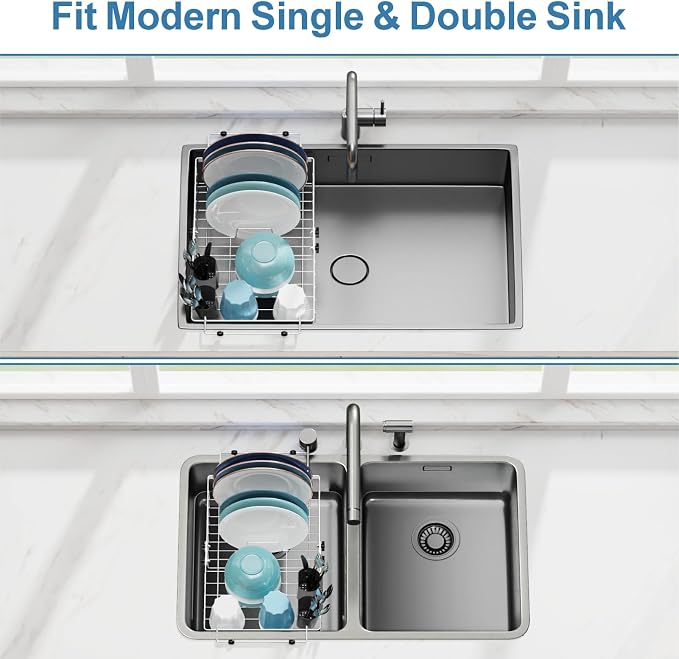 GSlife Dish Drying Rack Over the Sink - Expandable Stainless Steel Dish Drainer for Small Kitchen Apartment, Space Saving Sink Rack with Secure Lock Knob and Utensil Holder, Silver