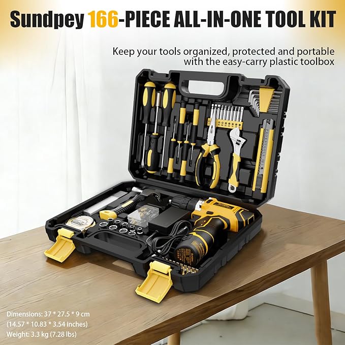 Sundpey Home Tool Kit with Drill - 166-Piece General Basic Home Repair Tool Set with 12V Cordless Power Drill & Battery & Charger & Portable Tool Box for Garden Office House Apartment Repair Men Women