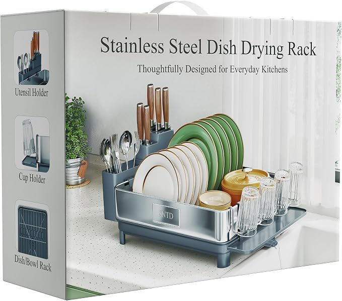 SNTD 304 Stainless Steel Dish Drying Rack for Small Kitchen Counter, Grey | Rustproof, Large Capacity, Heavy-Duty Frame, Rotating Spout, Angled Drainboard, Removable Cup & Utensil Holder