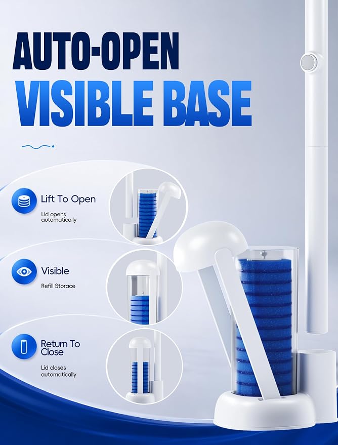 Toilet Wand Kit, Disposable Toilet Bowl Cleaner Brush with Blue Replacement Heads, Press-Button Wand and Self-Closing Freestanding Holder (Toilet Brush + 63 Refills)