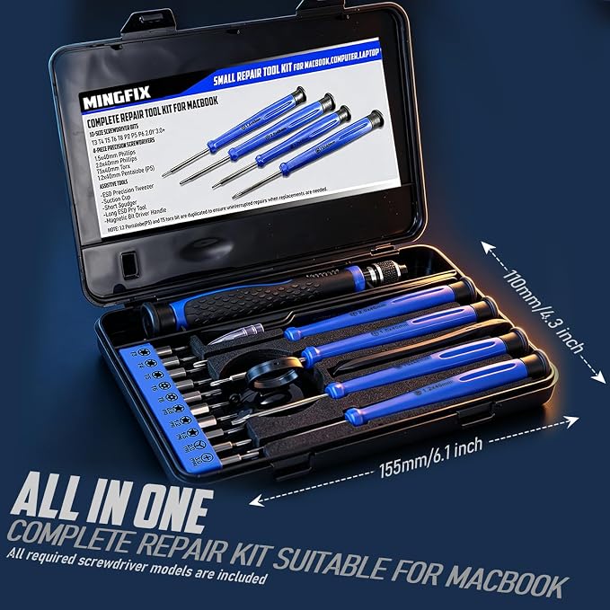 Repair Tool Kit for Apple Macbook,MINGFIX Macbook Pro/Air Screwdriver Set with P2 P5 P6 Pentalobe,T3 T4 T5 T6 T8 Torx,Ph000 Ph00 Ph0 Phillips & Y0 Screwdrivers for Teardown,Opening,Screen Replacement