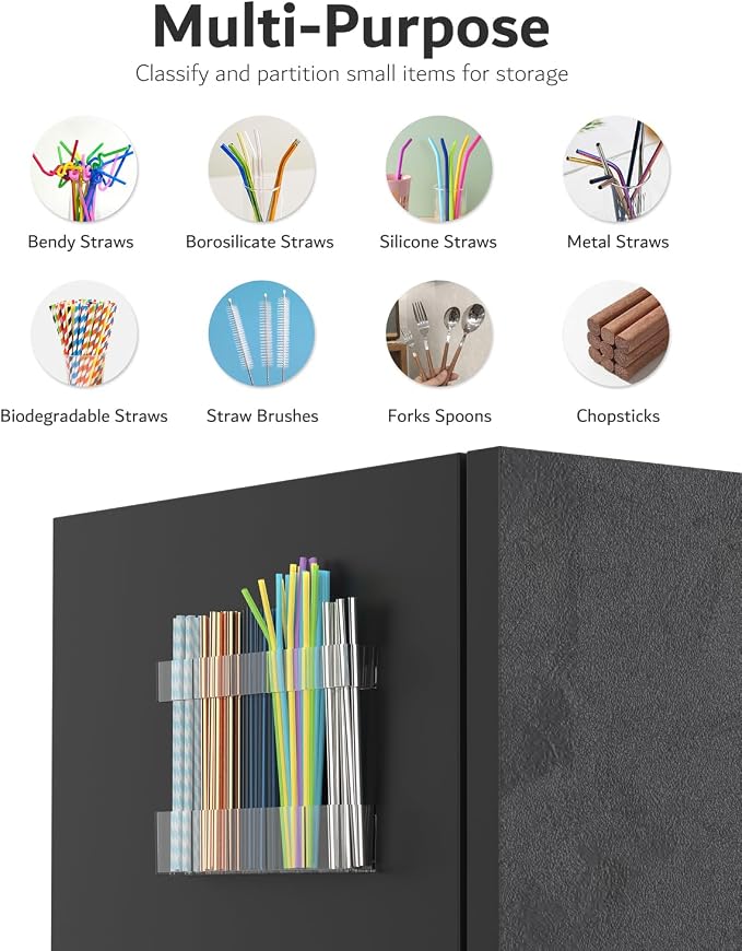 Magnetic Acrylic Straw Holder for Fridge - 5 Slot Sturdy Kitchen Organizer, Adhesive-Free Refrigerator Storage for Metal, Glass, Silicone Straws & Utensils (Separate unit Clear-Magnetic Type-5C)