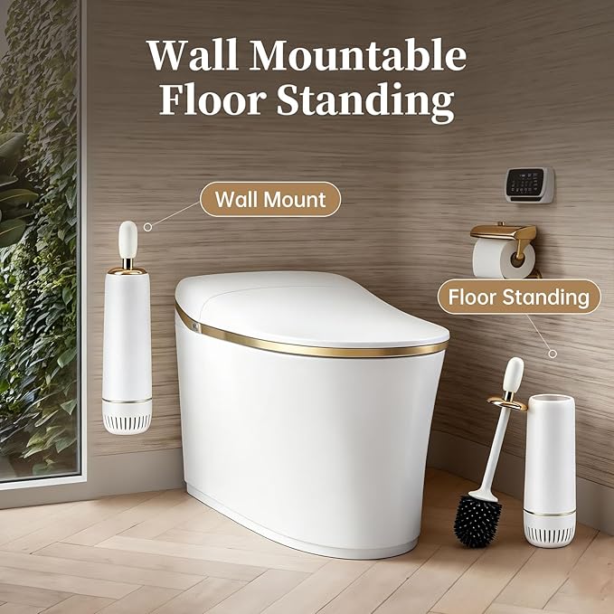 Toilet Bowl Brush and Holder Set, Plunger and Brush Set with Long Handle, High-End Modern Silicone Toilet Brush Set, Non-Scratch Hygienic, Odor-Free Design (Matte White + Gold, B)
