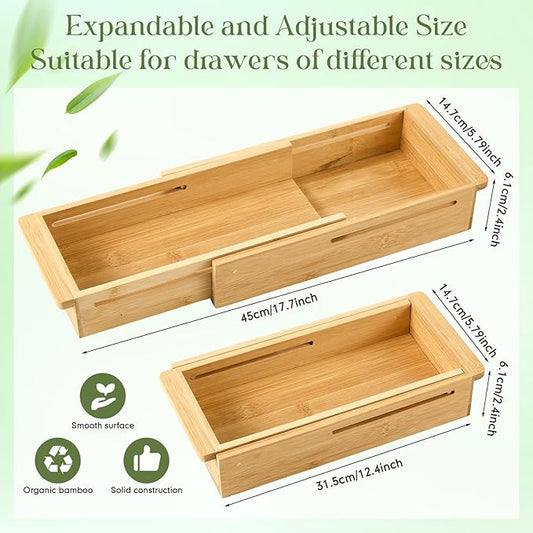 LemonRoad 1 Pcs Sliding Drawer Organizer Bin Bamboo Drawer Expandable Bins Utensil Organizer for Kitchen Spoons Forks Knives (Wood)