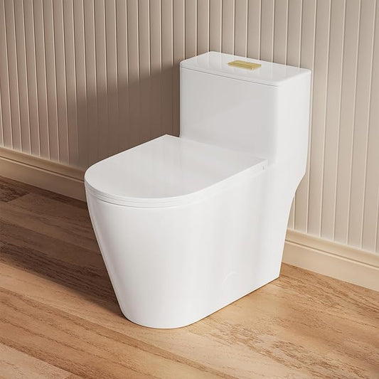 Casta Diva Elongated One Piece Toilet with 17" ADA Comfort Chair Height Seat Compact Toilet for Bathroom Dual Flush 1.1/1.6GPF, 12'' Rough-in, Dual Flush Toilet Button Golden