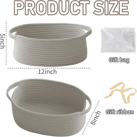 JMvicyroam Woven Basket,Small Rope Storage Bin with Handles & Ribbon Bag, Organizer for Shelves Closets,Gift Basket Empty for Birthday,Books,Dog Toys, Grey/2 Pack