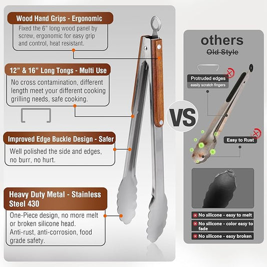 Esie Houzie 16" & 12" Heavy Duty Stainless Steel Grill Tongs with Locking Mechanism & Heat-Resistant Wooden Handle - 2-Pack BBQ Tongs for Grilling, Barbecue, Kitchen Cooking Accessories