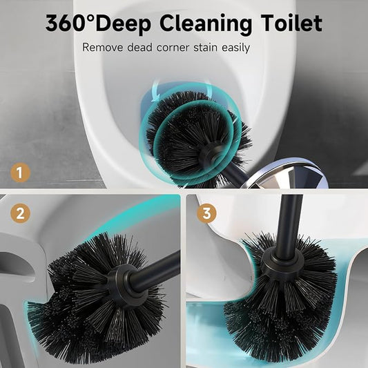 Silver Toilet Brush and Holder,Extra Long Handled Toilet Brush for Bathroom,Stainless Steel Heavy Duty Toilet Bowl Brush,Deep Cleaning Modern Toilet Cleaner Brush -Space Saving, Covered Brush