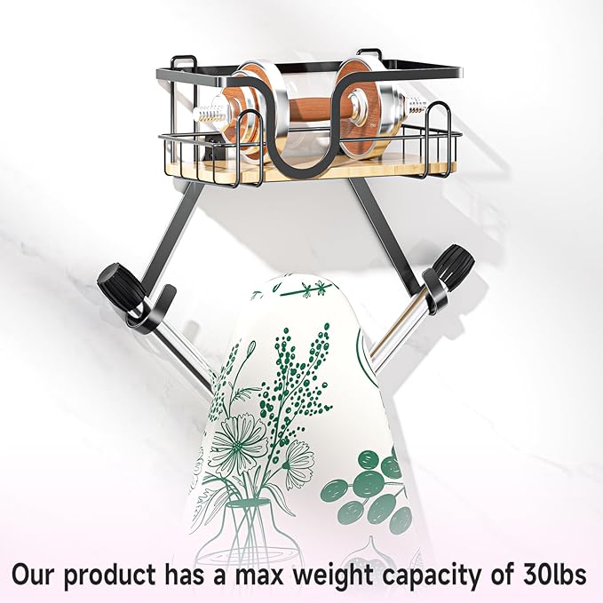 Ironing Board Holder Wall Mount, Ironing Board Hanger, Over The Door Iron Boards Holder for Laundry Room Organization, Iron and Ironing Boards Caddy, Black Irons Hanger with Storage Basket(T&V Shaped)