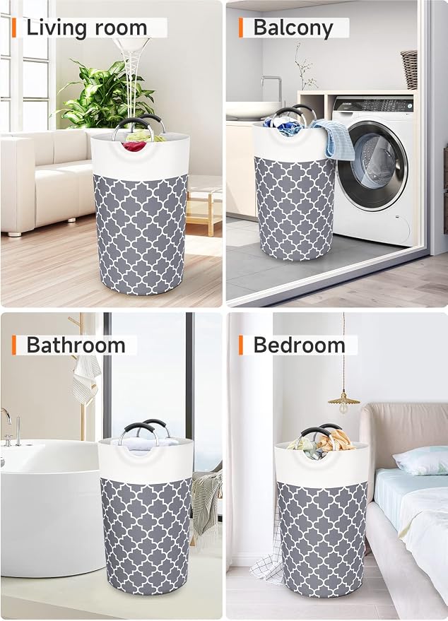 Large Laundry Basket 82L Tall Collapsible Hamper with Handles for Dorm Grey | Freestanding Laundry Hamper, Waterproof Dirty Clothes Storage Bag for College, Bathroom, Foldable Washing Bin for Travel
